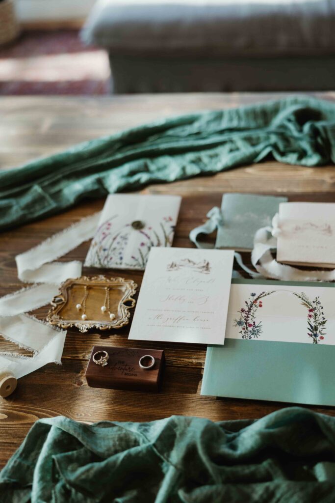 wedding invitation suite and rings laid out on a table