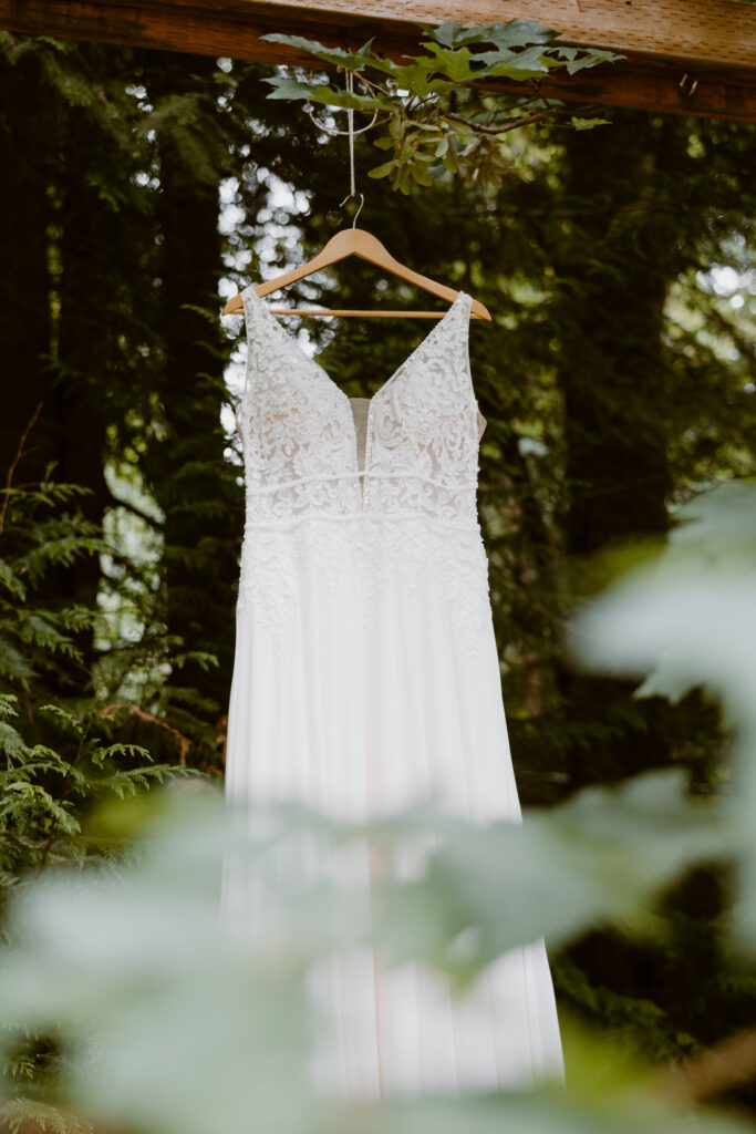 hanging dress shot of a plus sized wedding dress in portland or