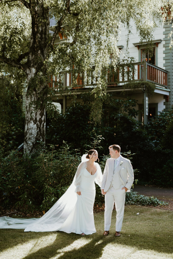 Newlyweds portrait in golden hour light at McMenamins Cornelius Pass Roadhouse