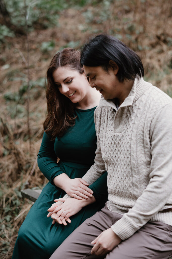 Natural candid engagement photo in Portland OR forest