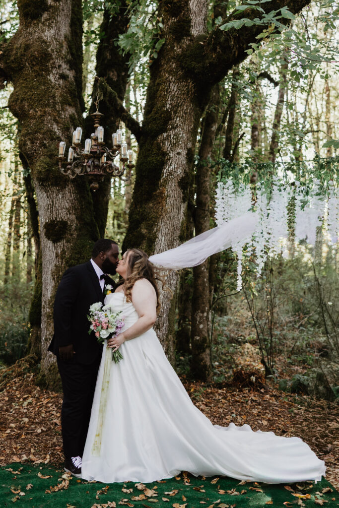 Portland Oregon bride glowing in fitted lace wedding gown