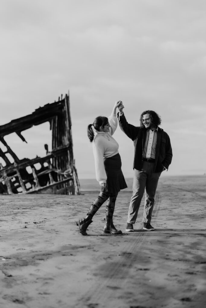 Moody overcast engagement photos at the Peter Iredale Astoria Oregon