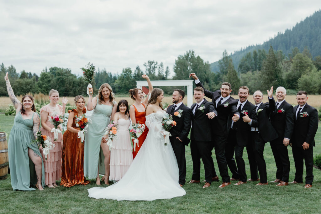 Full wedding party portraits in open field at Mount Peak Farm Enumclaw Washington