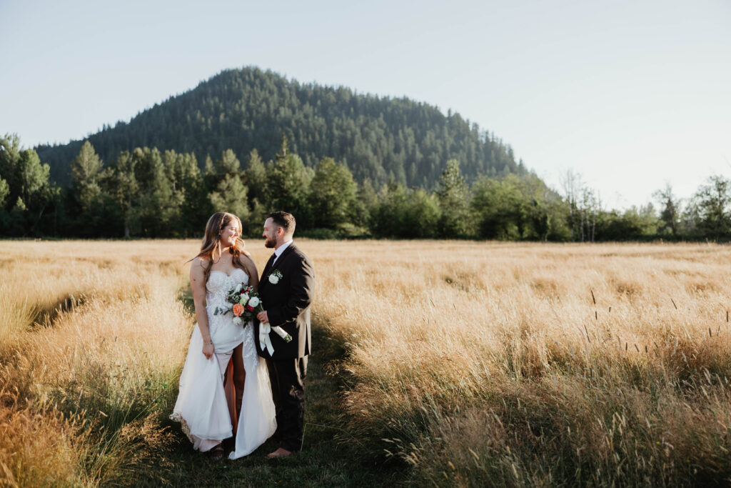 Bride and groom golden hour portraits in Cascade foothills at Mount Peak Farm Enumclaw Washington