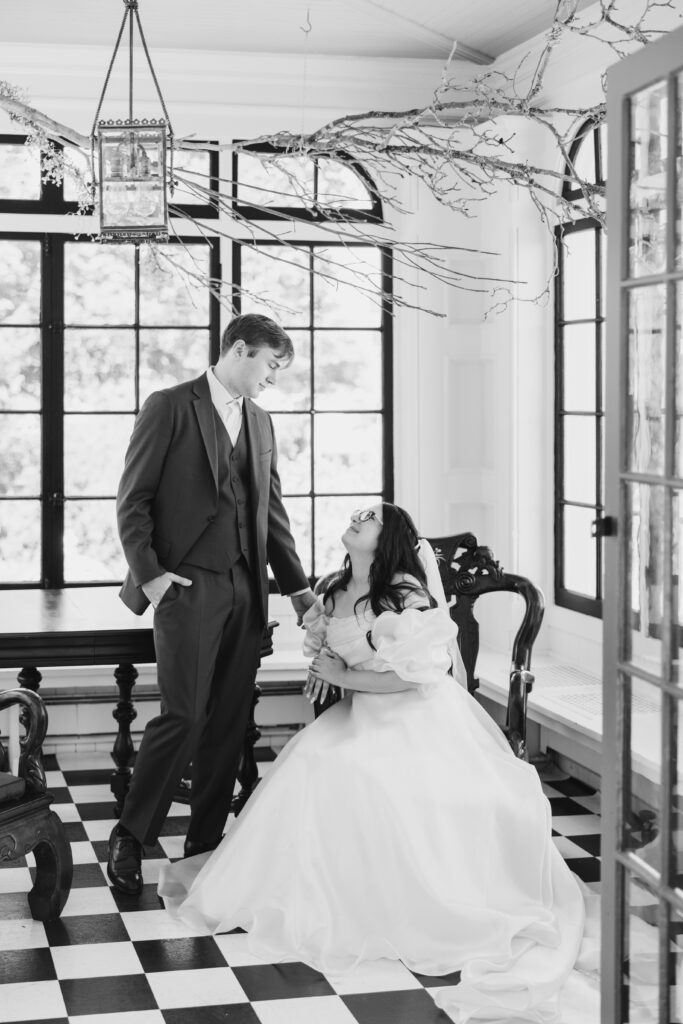 Bride and groom romantic portrait in the formal gardens at Deepwood Museum and Gardens Salem Oregon